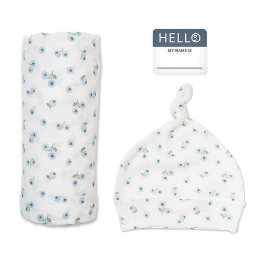 Lulujo - Bamboo Hat and Muslin Swaddle Blanket Gift Set - Blueberries