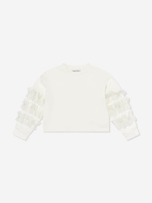 Mama Luma Girls Organza Detailed Sleeve Sweatshirt in White