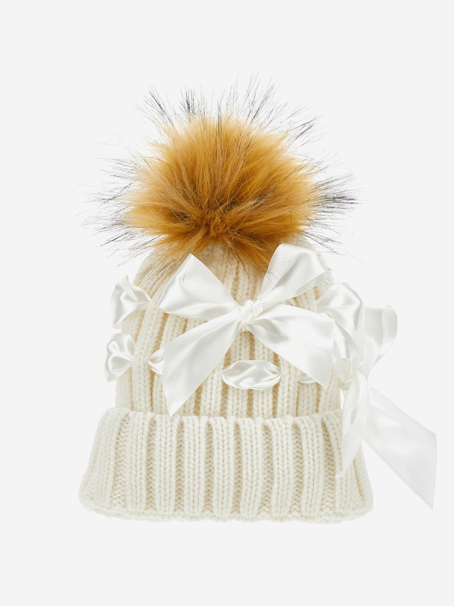 Monnalisa Girls Bow Knitted Pom Pom Hat in Ivory