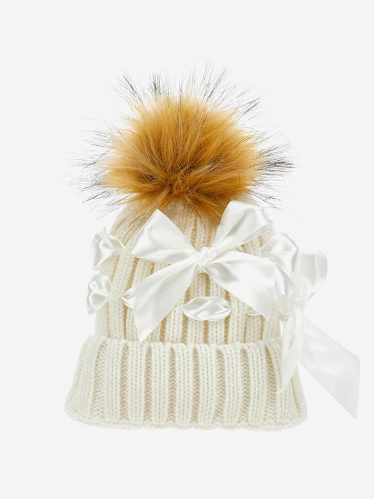 Monnalisa Girls Bow Knitted Pom Pom Hat in Ivory