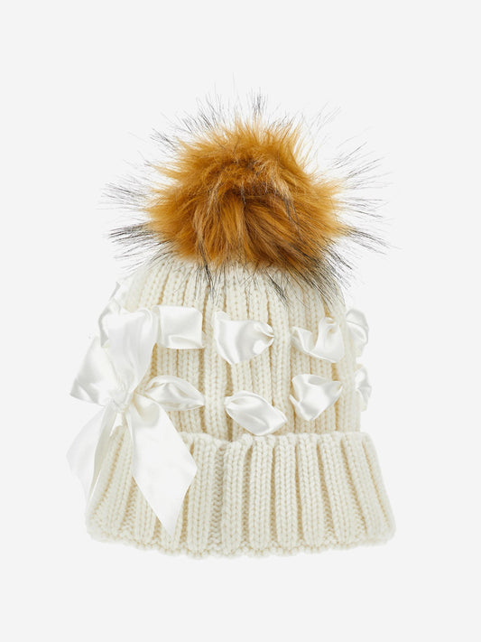 Monnalisa Girls Bow Knitted Pom Pom Hat in Ivory
