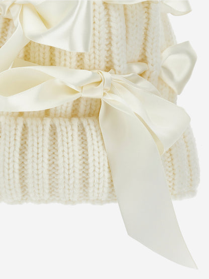Monnalisa Girls Bow Knitted Pom Pom Hat in Ivory