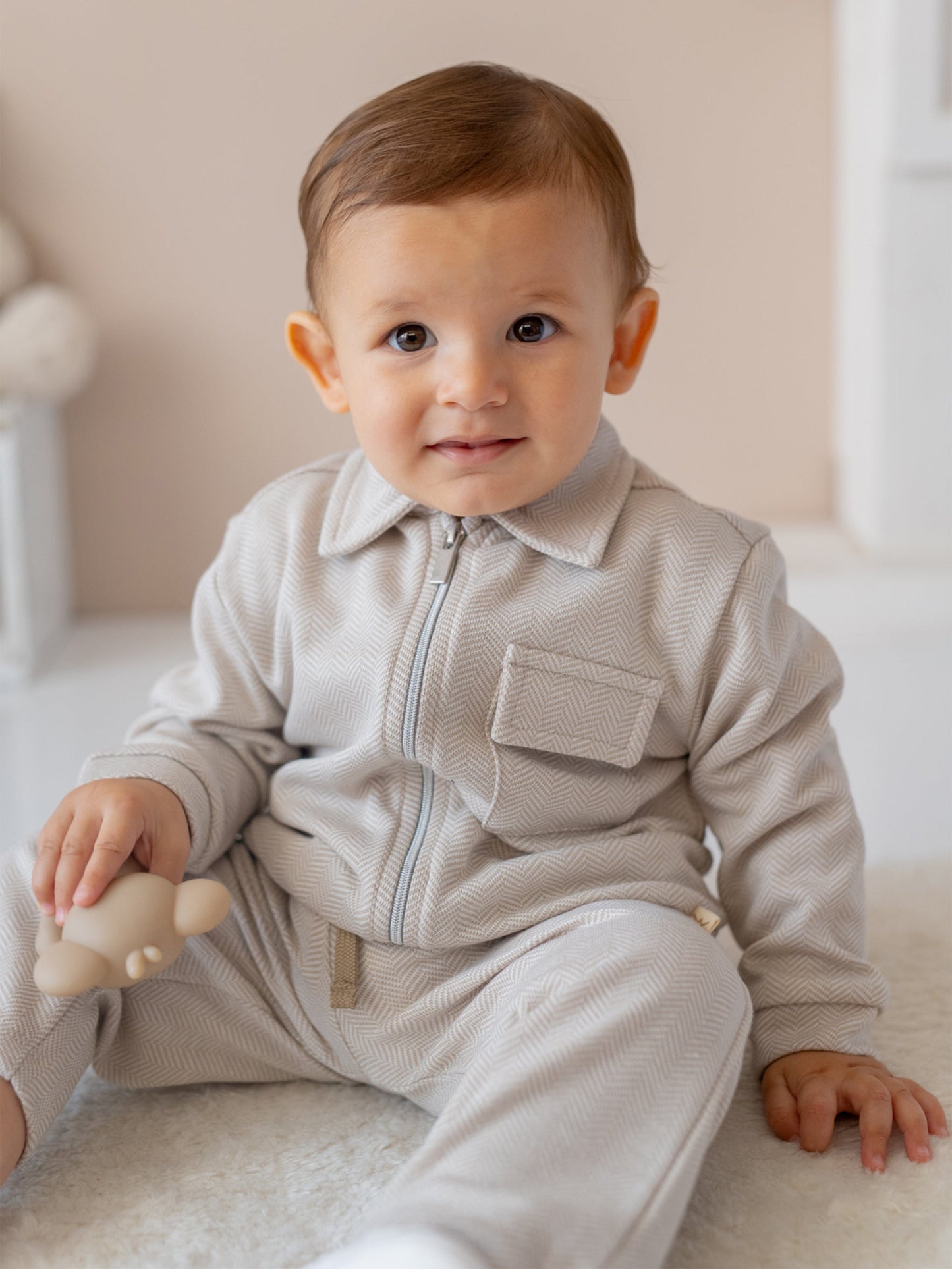 Mininio Boys Knitted Zip Up Jacket in Beige