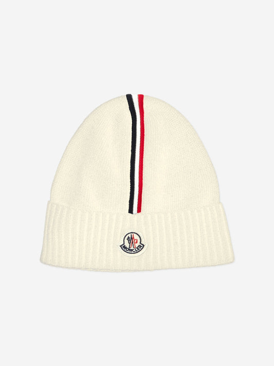 Moncler Enfant Kids Logo Beanie Hat in Ivory