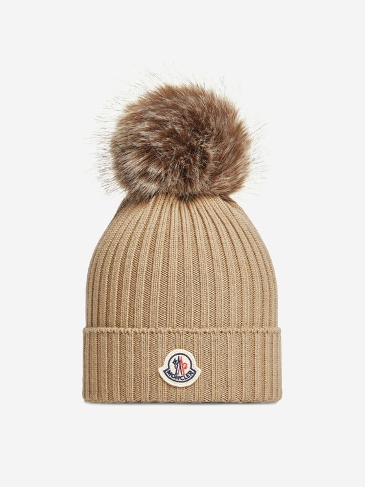 Moncler Enfant Girls Knitted Pom Pom Hat in Beige