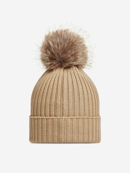 Moncler Enfant Girls Knitted Pom Pom Hat in Beige