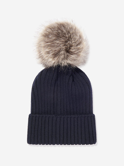 Moncler Enfant Girls Knitted Pom Pom Hat in Navy