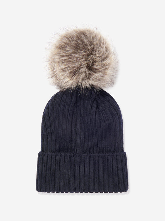 Moncler Enfant Girls Knitted Pom Pom Hat in Navy