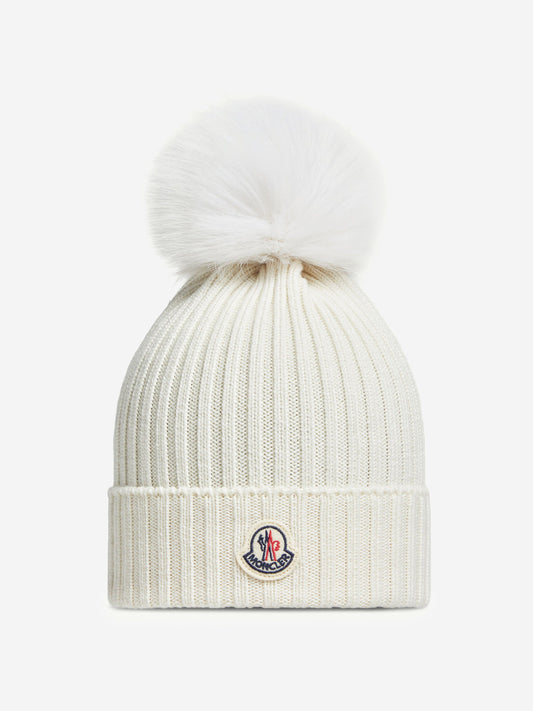 Moncler Enfant Girls Knitted Pom Pom Hat in Ivory