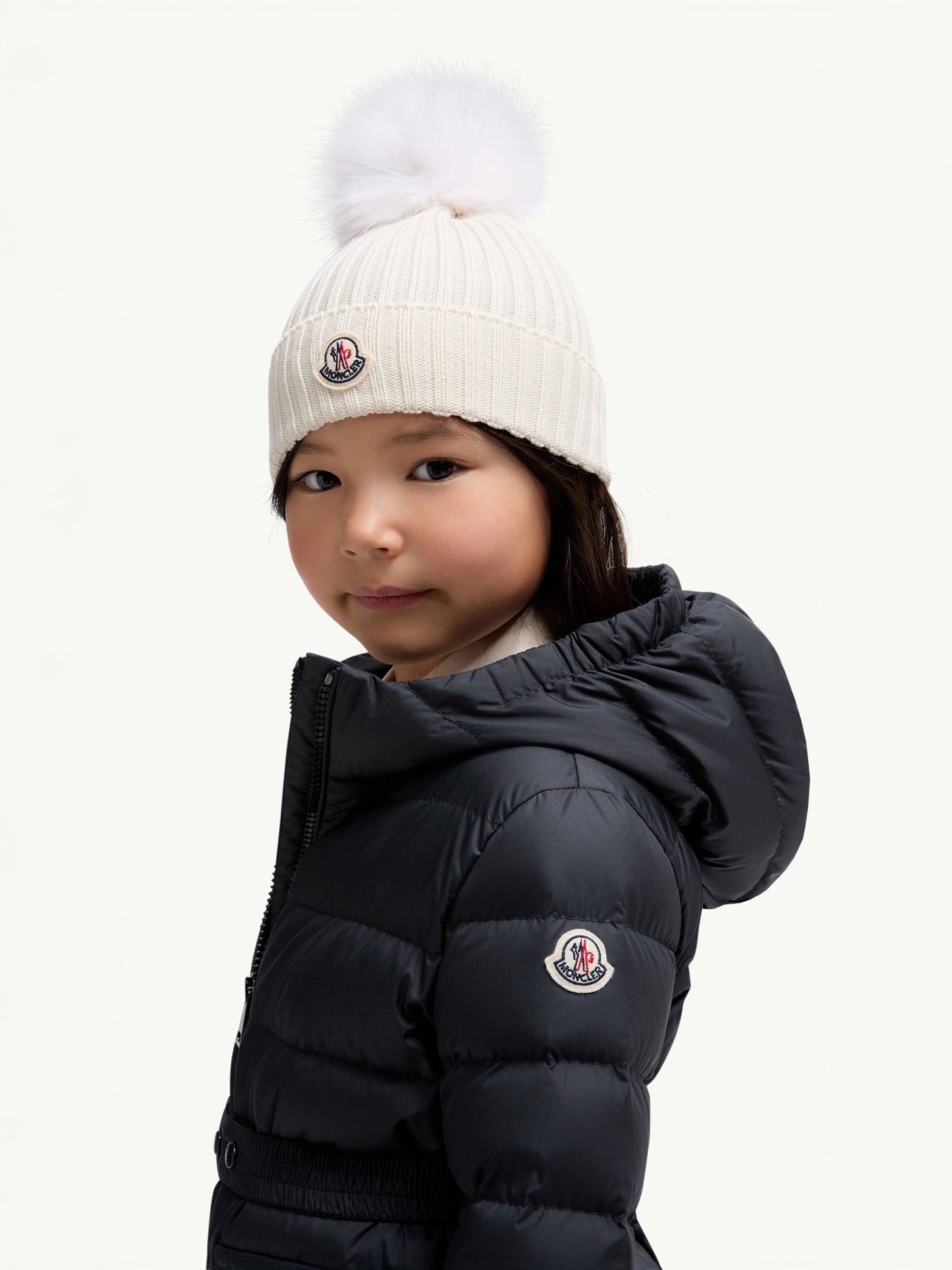 Moncler Enfant Girls Knitted Pom Pom Hat in Ivory