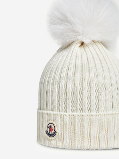 Moncler Enfant Girls Knitted Pom Pom Hat in Ivory