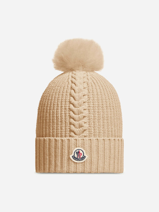 Moncler Enfant Girls Knitted Pom Pom Hat in Beige