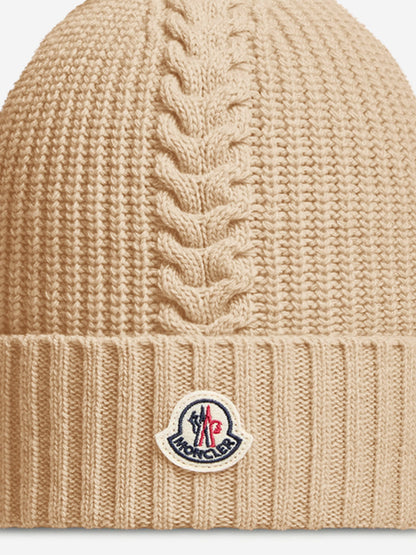 Moncler Enfant Girls Knitted Pom Pom Hat in Beige