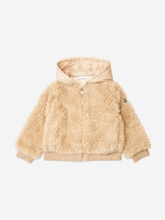 Moncler Enfant Girls Teddy Fleece Zip Up Cardigan in Beige