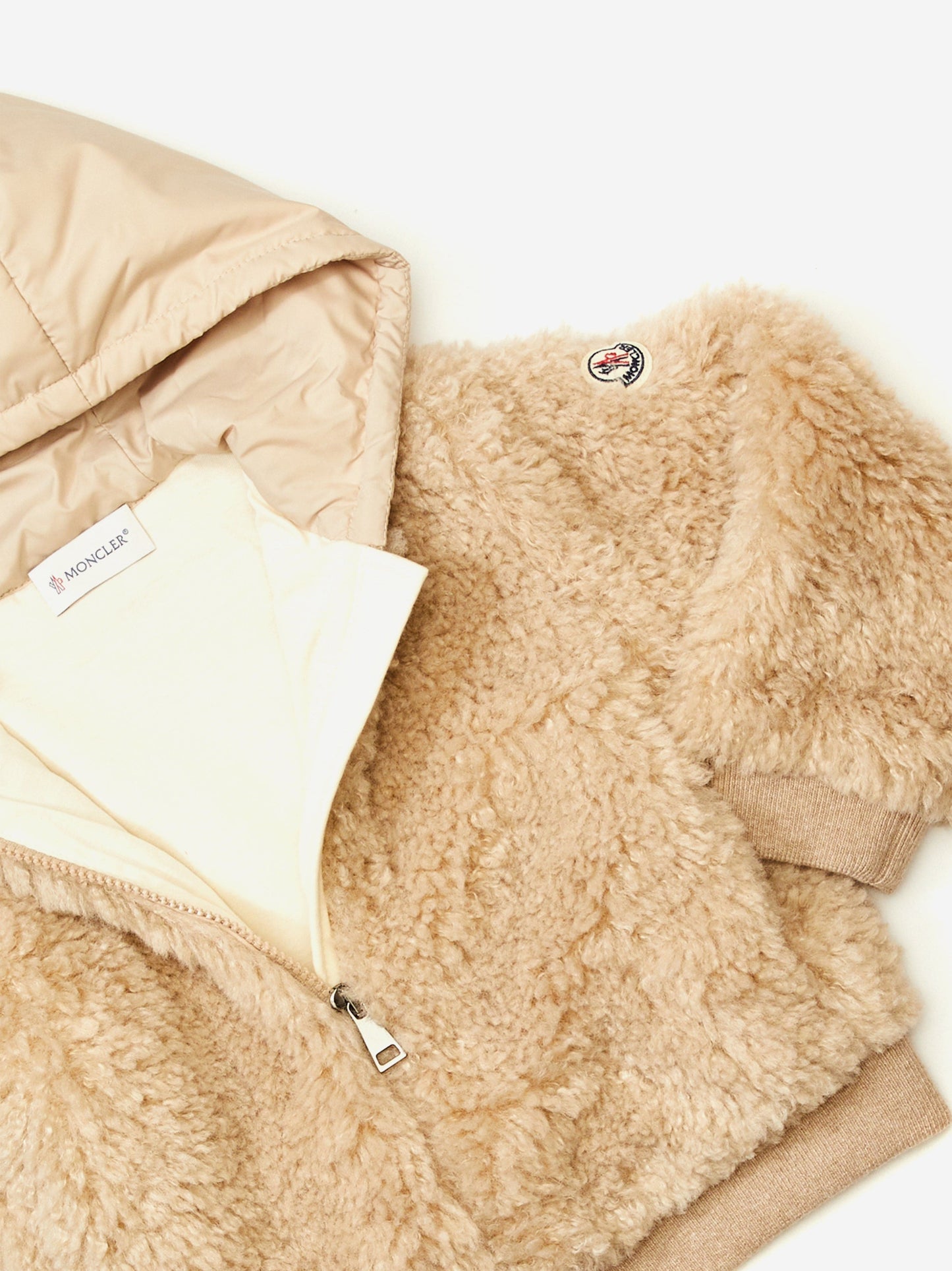 Moncler Enfant Girls Teddy Fleece Zip Up Cardigan in Beige
