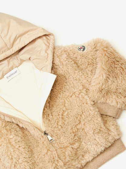 Moncler Enfant Girls Teddy Fleece Zip Up Cardigan in Beige