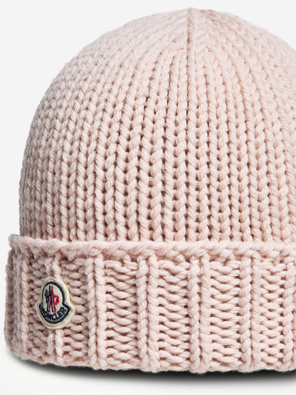 Moncler Enfant Girls Wool Knit Beanie Hat in Pink