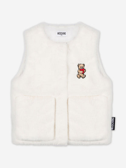 Moschino Girls Teddy Fleece Gilet in Ivory