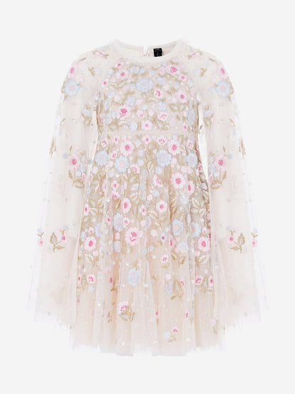 Needle & Thread Girls Ethereal Blooms Cape Dress in Ivory