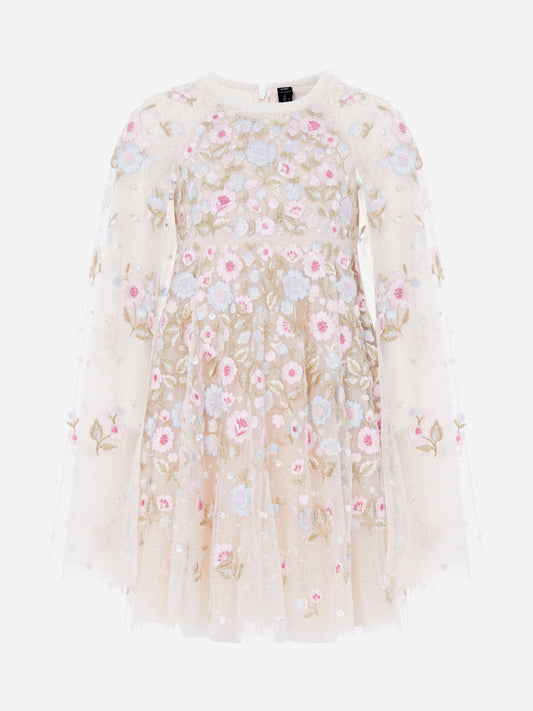 Needle & Thread Girls Ethereal Blooms Cape Dress in Ivory