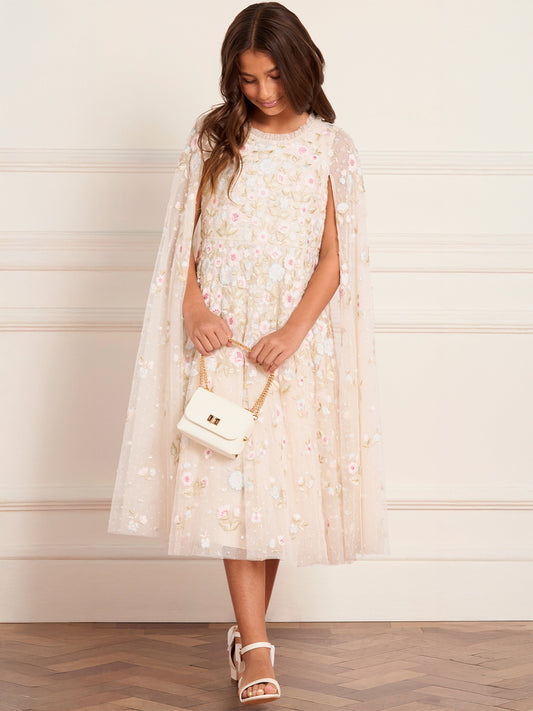 Needle & Thread Girls Ethereal Blooms Cape Dress in Ivory