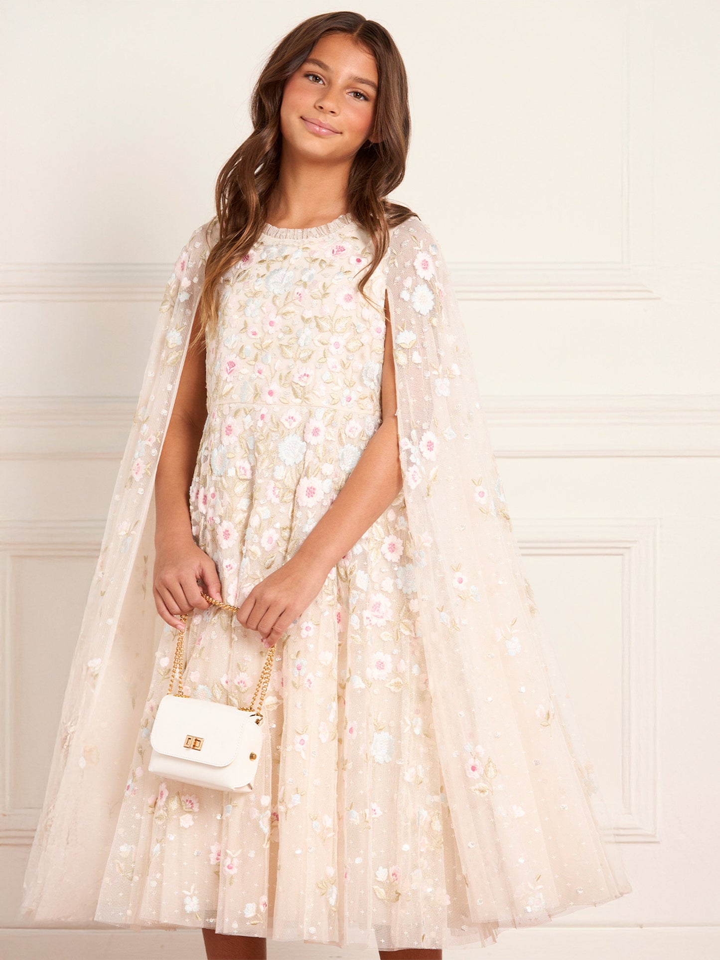 Needle & Thread Girls Ethereal Blooms Cape Dress in Ivory