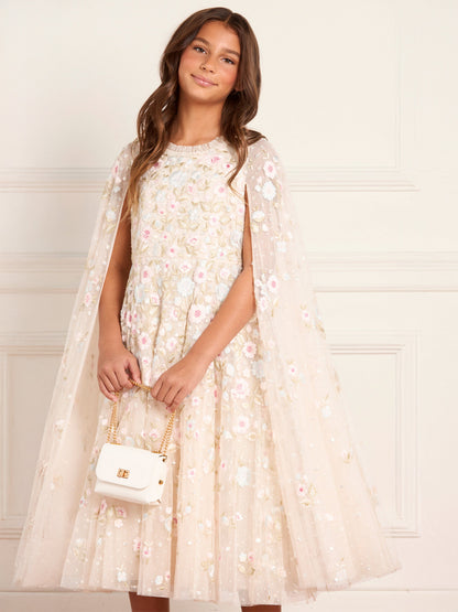 Needle & Thread Girls Ethereal Blooms Cape Dress in Ivory