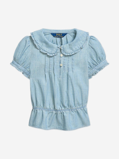 Ralph Lauren Girls Chambray Ruffle Blouse in Blue