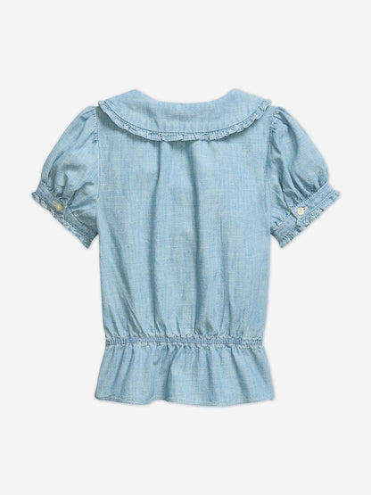Ralph Lauren Girls Chambray Ruffle Blouse in Blue