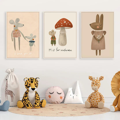 Boho Cartoon Animal Wall Art – Rabbit, Mouse & Goose Nursery Prints