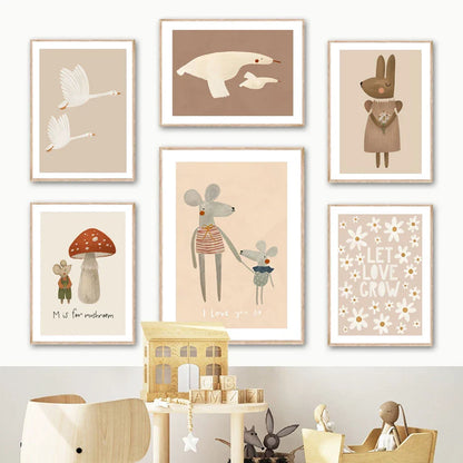 Boho Cartoon Animal Wall Art – Rabbit, Mouse & Goose Nursery Prints