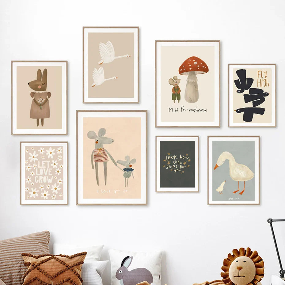 Boho Cartoon Animal Wall Art – Rabbit, Mouse & Goose Nursery Prints