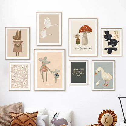 Boho Cartoon Animal Wall Art – Rabbit, Mouse & Goose Nursery Prints