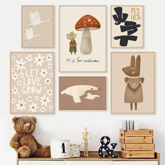 Boho Cartoon Animal Wall Art – Rabbit, Mouse & Goose Nursery Prints