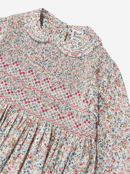 Sarah Louise Girls Floral Smocked Dress in Blue
