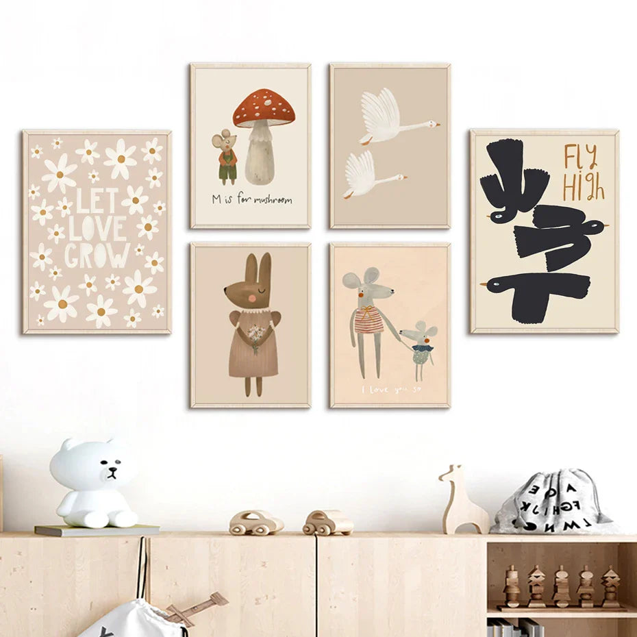 Boho Cartoon Animal Wall Art – Rabbit, Mouse & Goose Nursery Prints