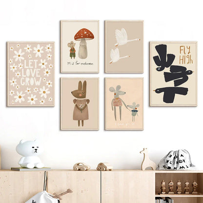 Boho Cartoon Animal Wall Art – Rabbit, Mouse & Goose Nursery Prints