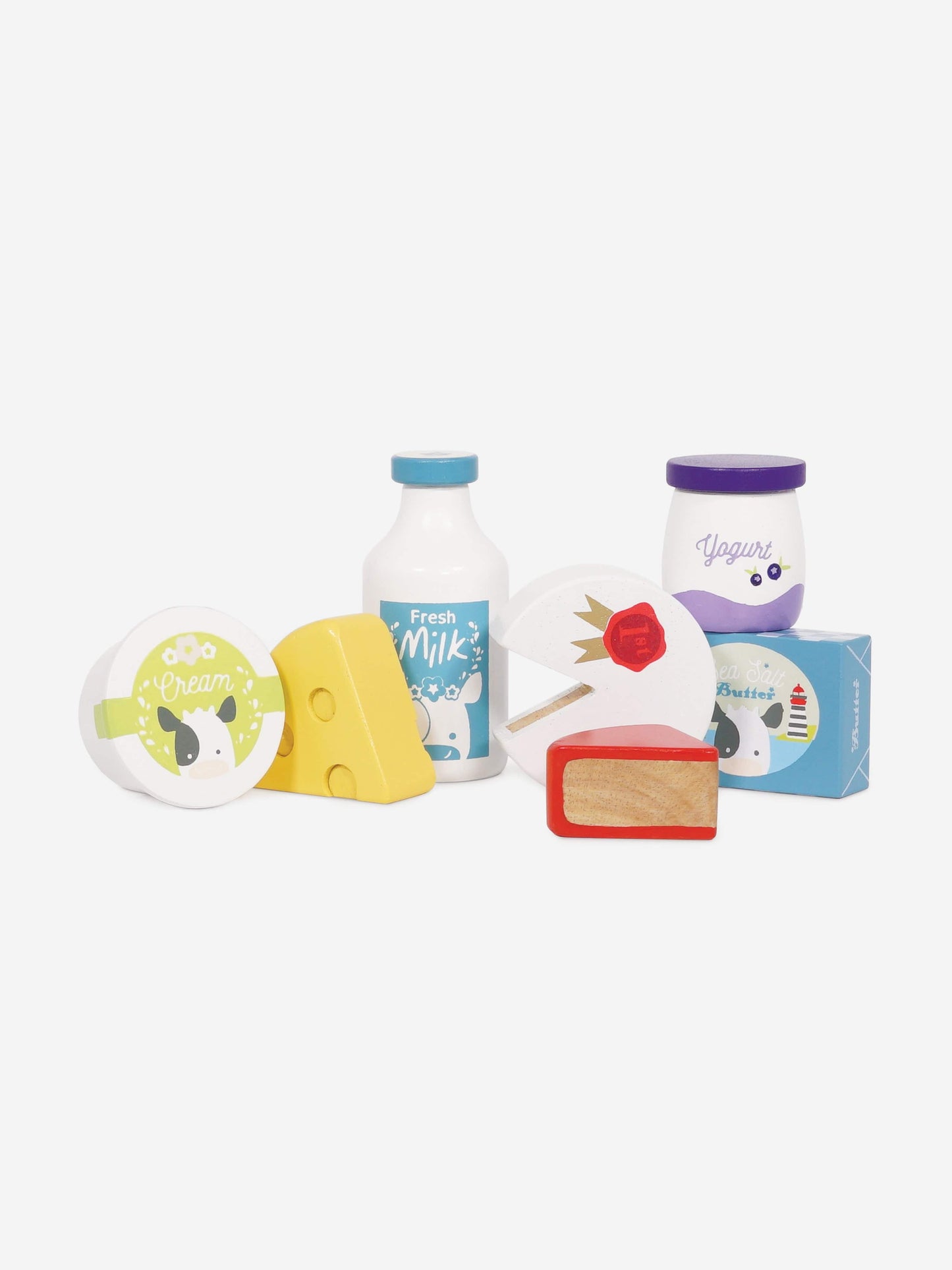 Le Toy Van Cheese & Dairy Wooden Market Crate-8 Piece (W:16cm D:11.8cm H:6cm)