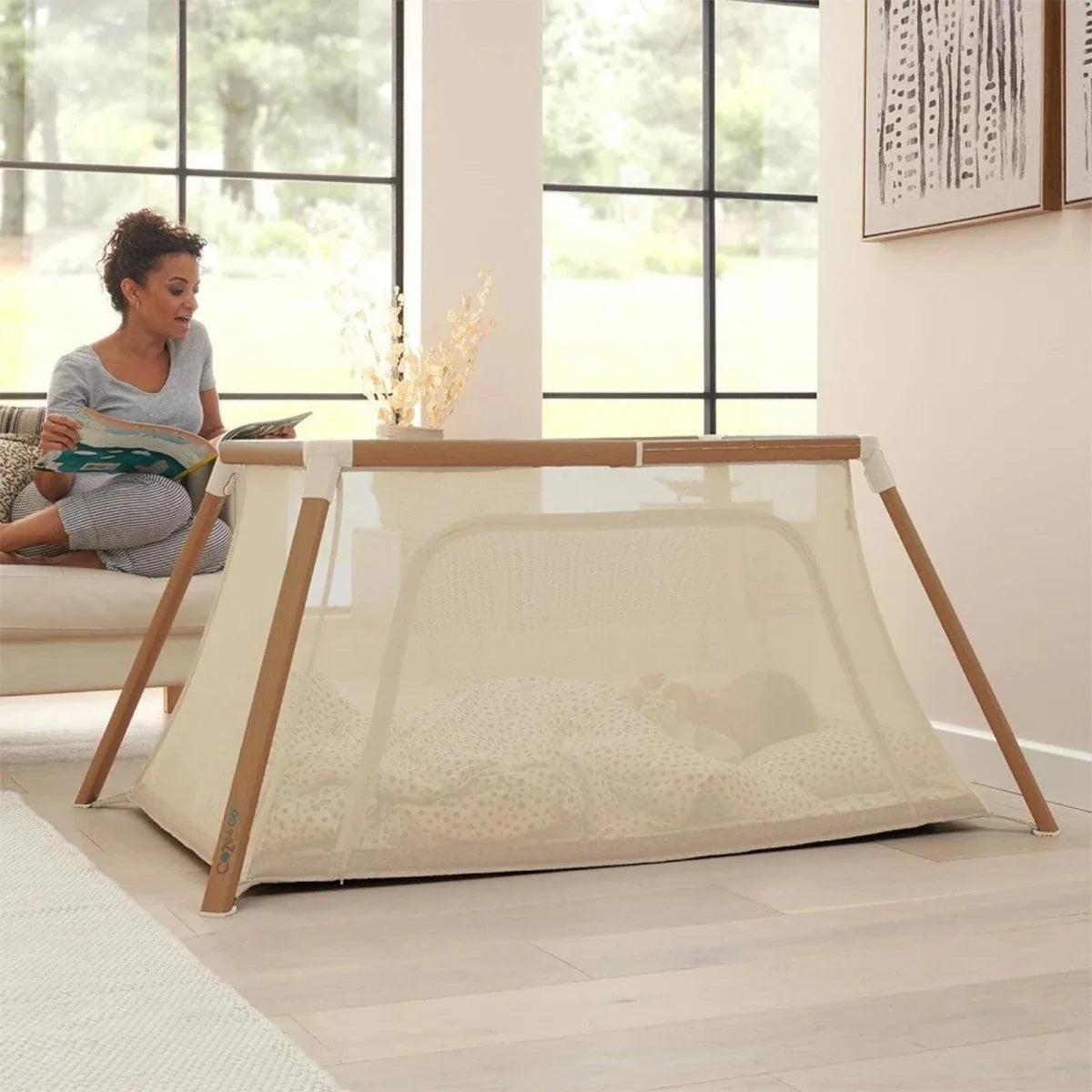 Tutti Bambini CoZee Go Day & Night Playpen - Scandinavian Walnut/Ecru