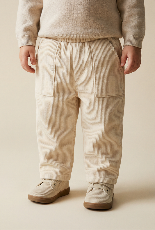 Fleece-Lined Corduroy Baby Trousers - Beige