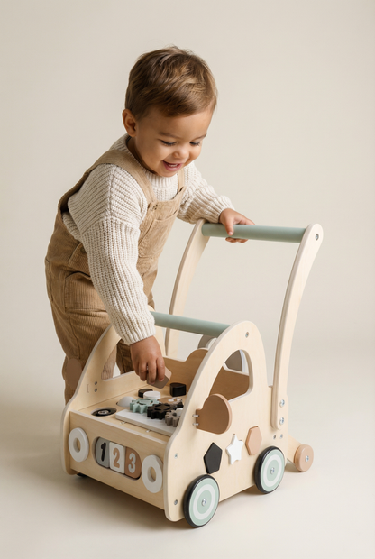 Wooden Baby Activity Walker – Neutral Push Walker with Shape Sorter & Play Features