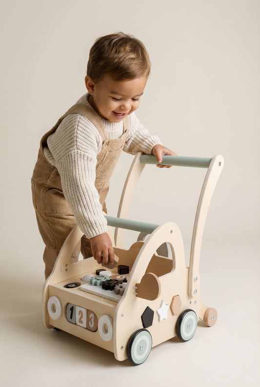 Trotteur en bois pour bébé – Trotteur neutre avec trieur de formes et fonctions de jeu 