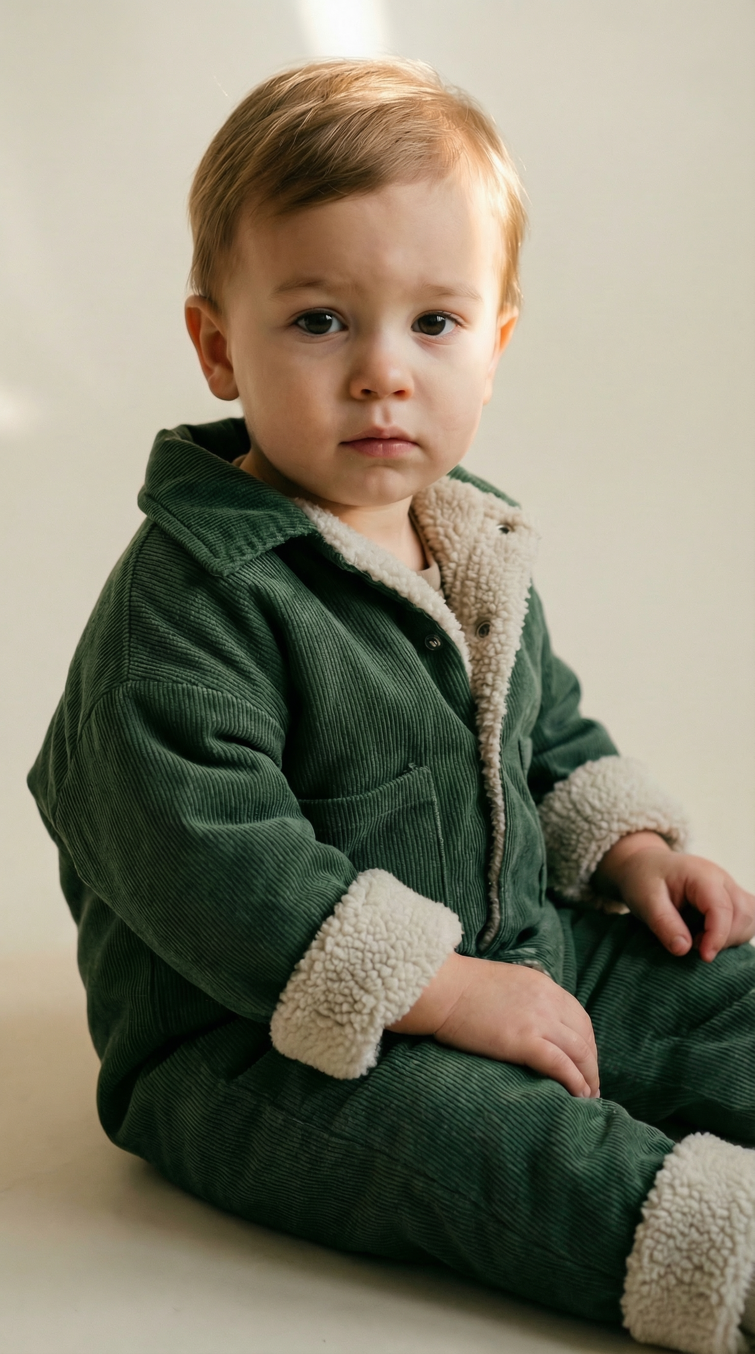 Child wearing a green fleece-lined jacket sitting on a light surface.