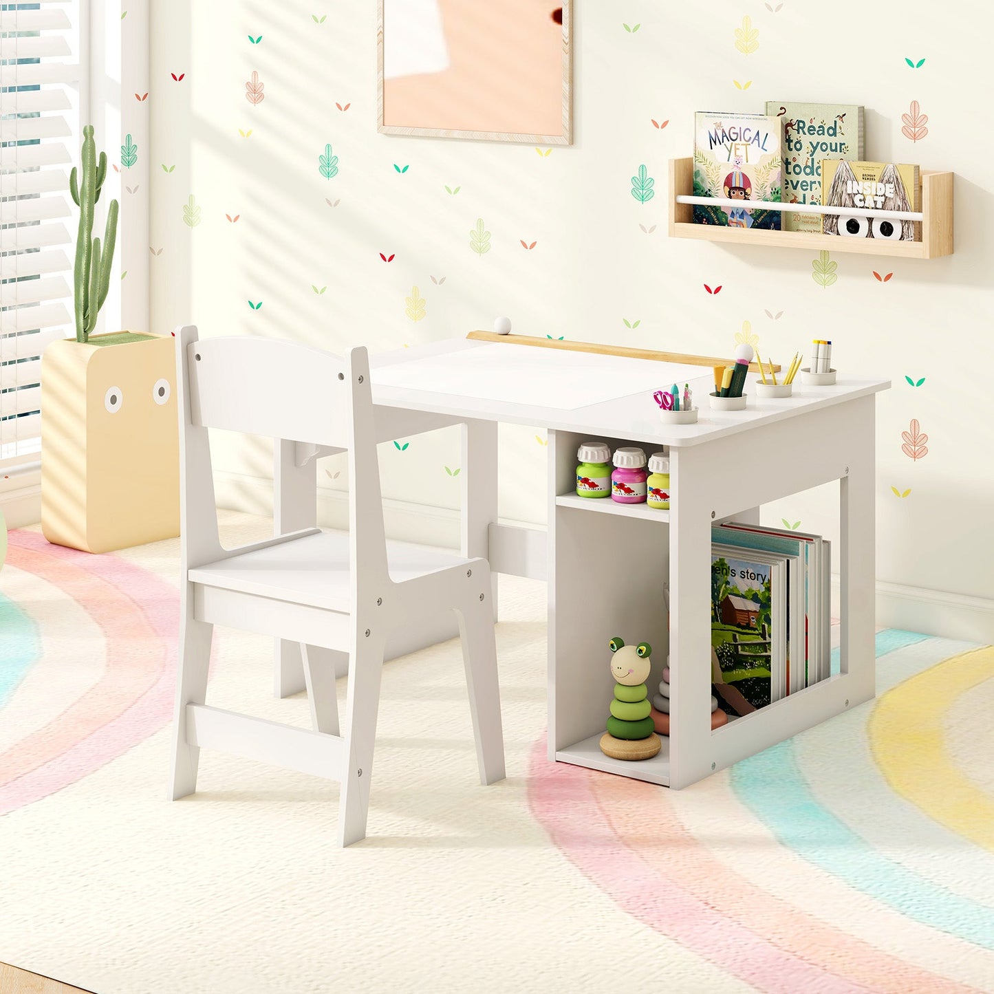 Toddler Craft Play Study Drawing Desk with Paper Roll 4 Paint Cups-White