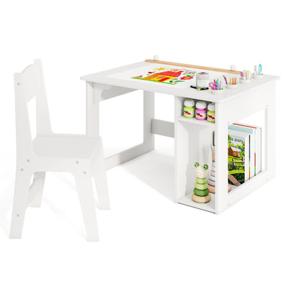 Toddler Craft Play Study Drawing Desk with Paper Roll 4 Paint Cups-White