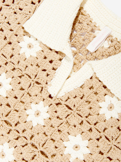 Zimmermann Girls Cascadian Crochet Polo Shirt in Ivory