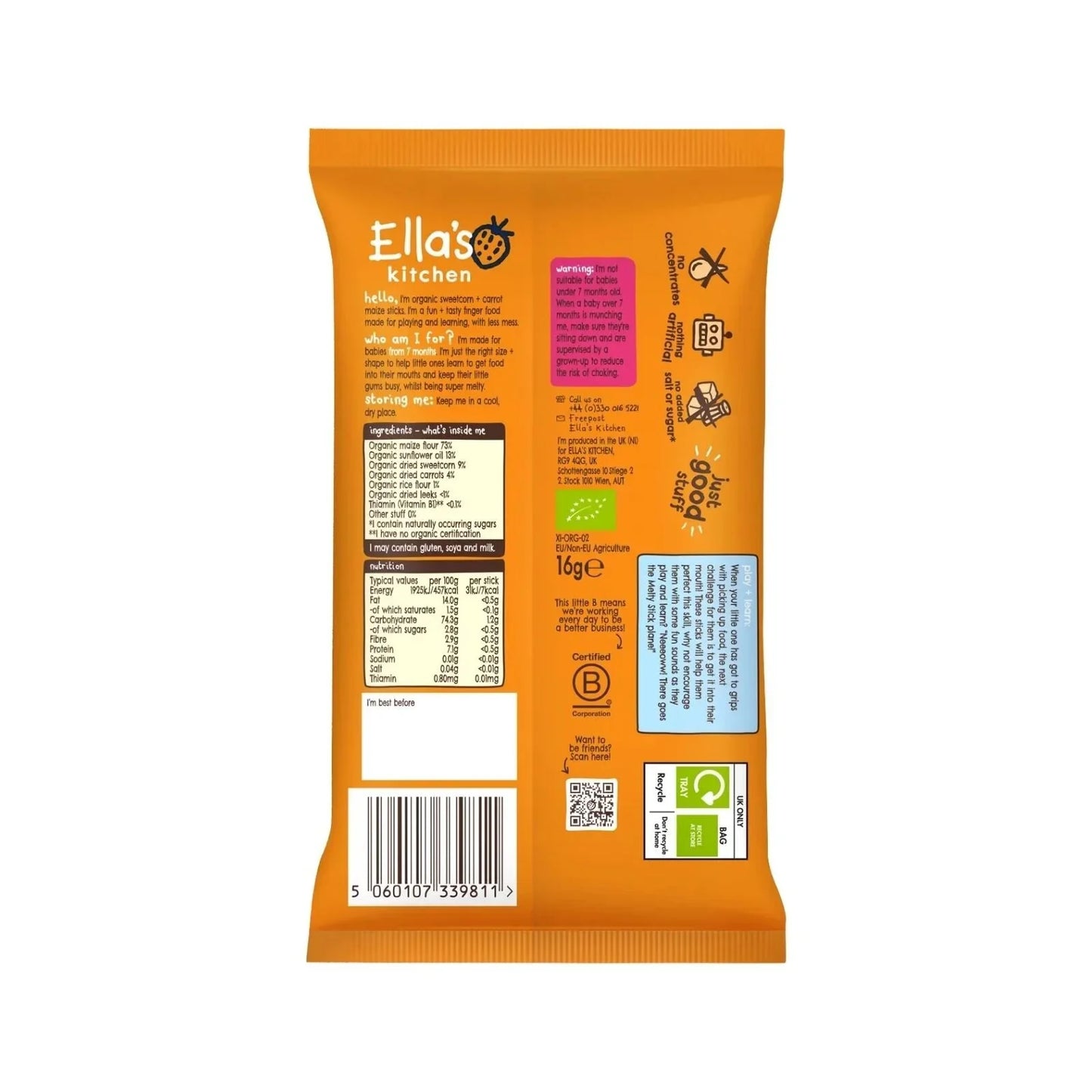 Bâtonnets fondants bio au maïs et à la carotte Ella's Kitchen, goûter pour bébé dès 7 mois, 16 g