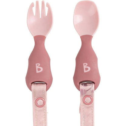 Ensemble de couverts de sevrage Bibado Handi, à attacher, pour enfants de 6 mois et plus (lot de 2) - Rose poudré