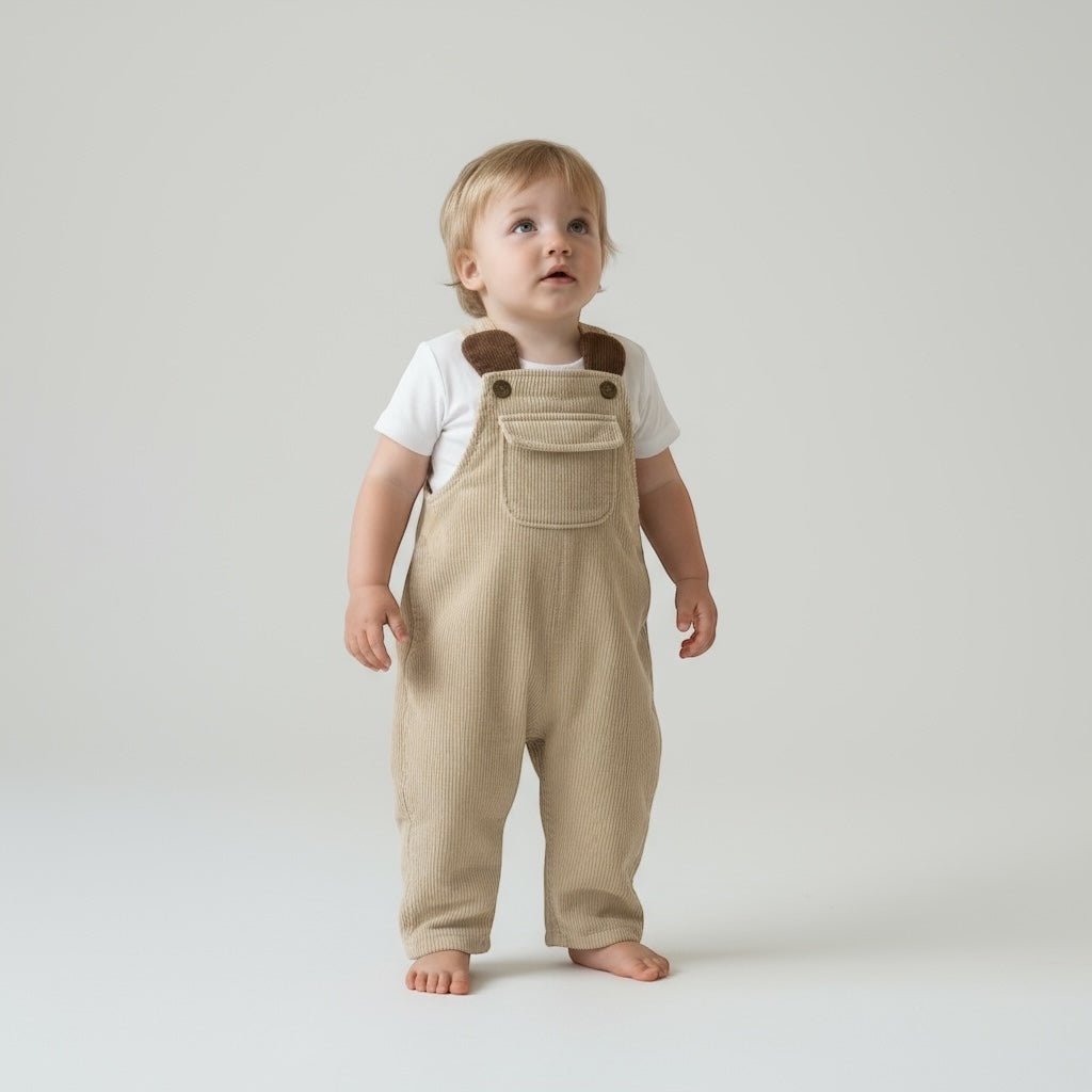 Beige Corduroy Dungarees with Bear Ear Detail - The Little Hive