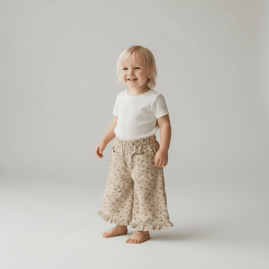 Beige Floral Corduroy Ruffle Hem Trousers - The Little Hive